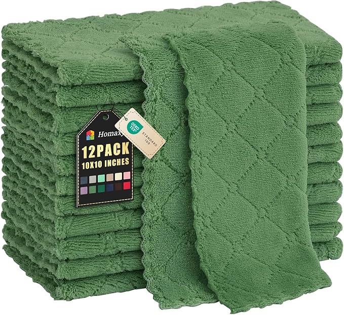 Homaxy 12 Pack Kitchen Dish Cloths (10 x 10 Inches, Grass Green), Super Soft and Absorbent Coral Velvet Dish Towels, Nonstick Oil Fast Drying Microfiber Cleaning Cloth, No Lint Household Dishcloths