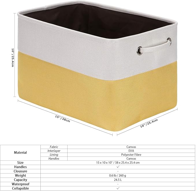 Sea Team 3-Pack Large Storage Basket Set, Trunk Organizer, Clothes Toys Bin, 15 x 10 x 10 Inches, Big Rectangular Canvas Fabric Collapsible Shelf Box with Handles for Kids Room (Yellow/White)