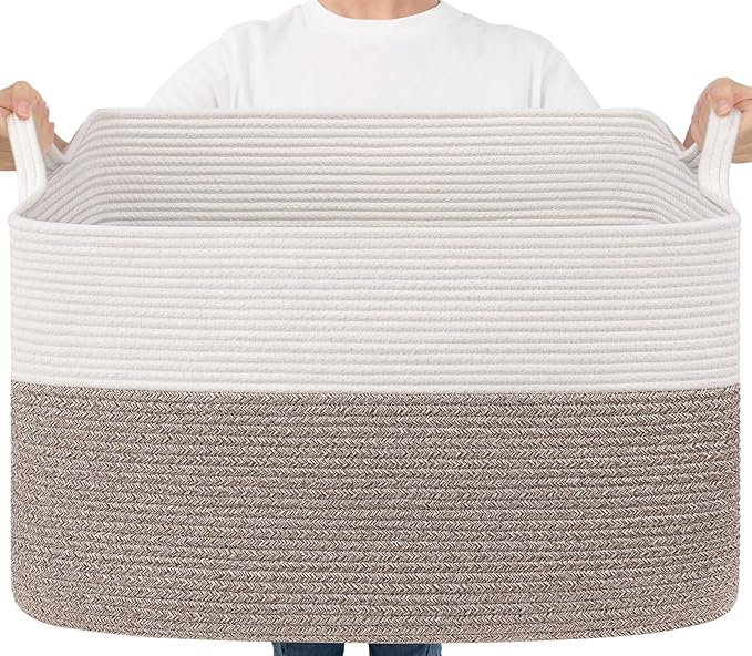 Goodpick 85L Large Woven Basket 23.6" x 15.7" x 13.8" Cotton Rope Storage Organizer for Blankets Dirty Clothes, Rectangle Toy Storage Basket for Nursery Home Decor, Brown