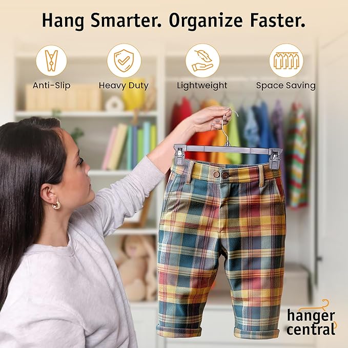 Hanger Central 30 Pack Pants Hangers – 10 Inch Slim Plastic Clothes Hangers with Clips for Skirts, Pants, Shorts – Heavy Duty Space Saving Non Slip Closet Organizer with Swivel Hook – Black