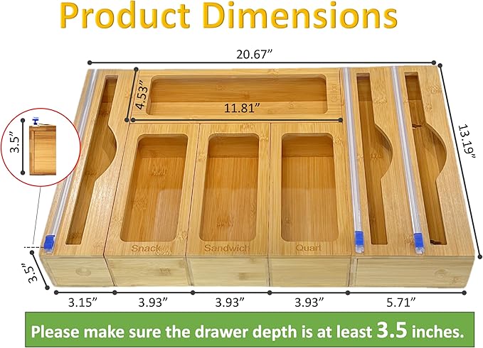 Incredinest Bamboo Drawer Organizer Bag Holder – Modular Design Zip Lock Bag Organizer Plastic Wrap Dispenser with Cutter – Baggie Organizer for Drawer with Single and Double Wrap Dispenser