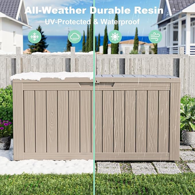 Waterproof Outdoor Resin Deck Box with Lockable Lid, Easy Assembly Features and Convenient Handles For Cushion, Pillows and other Patio Furniture (180 Gallon Grey)
