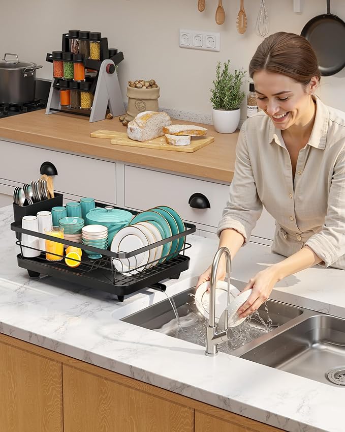 Stainless Steel Dish Drying Rack for Kitchen Counter, Sink Organization and Storage Essentials with Silverware & Utensil Holder, Home and Apartment Decor, 12''W x 15.5''L, Black