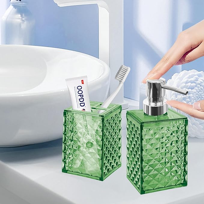 2PCS Green Bathroom Accessories. Contain Soap Dispenser and Toothbrush Holder Set. Boho Bathroom Set for Blue Bathroom Décor