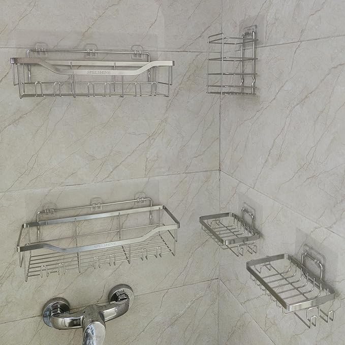 Shower Caddy Bathroom Organizer 5 Pack,Shower Shelf - 304 Stainless Steel,Anticorrosive,Rust-Proof,Waterproof Kitchen & Bathroom Shelvs Storage and Organization - Silver Shower Shelves