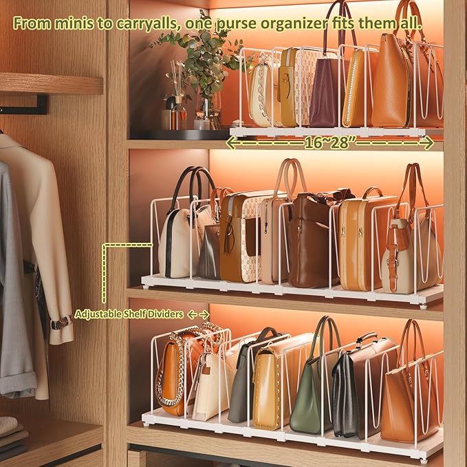 Extendable Purse Organizers Purse Storage. Length 16-28 in. Bag Organizer Purse Holder for Closet with 8 Adjustable Shelf Dividers Patent Pending