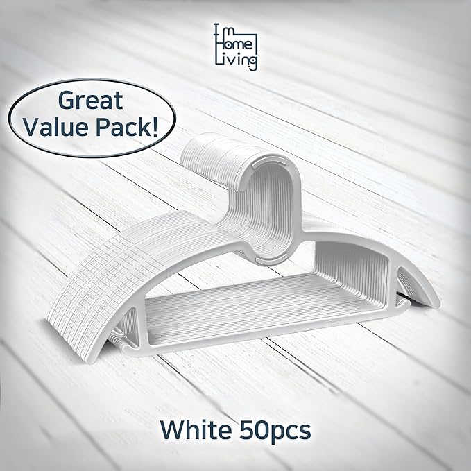 15" Compact Slim & Slimlink Interlocking Clothes Hangers, Space-Saving Lightweight Plastic Hangers for Small Closets, Dorms, Apartments, Travel, RVs & Petite Clothing (White, 50)