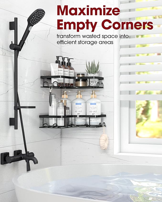 Corner Shower Caddy - 2 Pack, Adhesive Shower Organizers, Rustproof Stainless Steel Shower Shelves with 8 Hooks, No Drilling Bathroom Organizers and Storage Racks, Space-Saving, Black, Medium