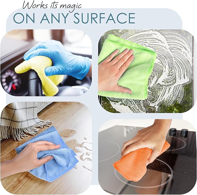 Hearth & Harbor Microfiber Cleaning Cloth, Towels for Cars 144 Pack Washcloths, Blue Rags, Reusable Towel, Cloth Rags Cleaning, Lint Free 12''x12''