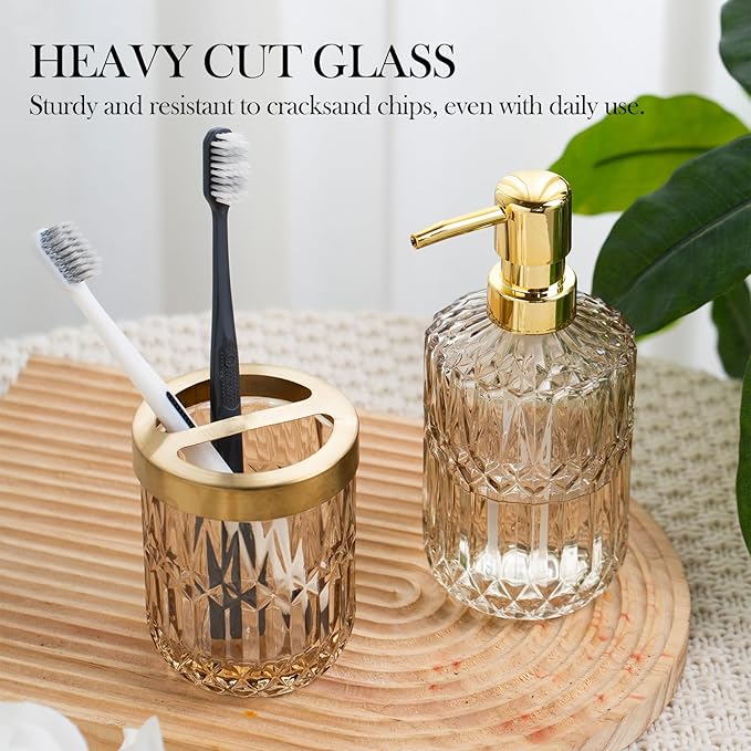 Glass Bathroom Accessories Set, 2PCS Clear Glass Bathroom Accessory, Toothbrush Holder and Soap Dispenser Set for Modern Bathroom Decor(Amber)