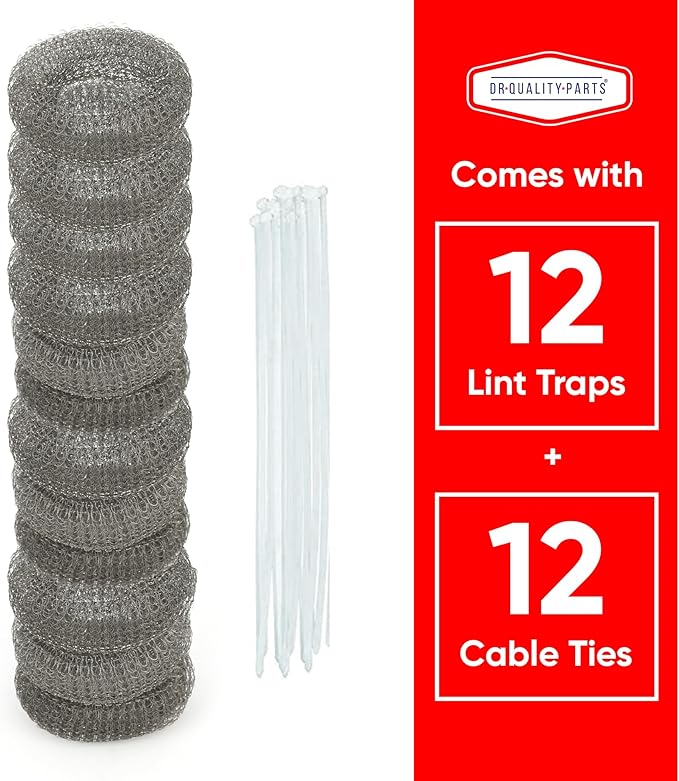 DR Quality Parts Washing Machine Lint Trap – Stainless Steel Hose Filter, Mesh Drain Catcher, Washer Sock Lint Remover, Rust-Free Snare Laundry Filter with Nylon Cable Ties, 29cmx6.5cm – 12-Pack