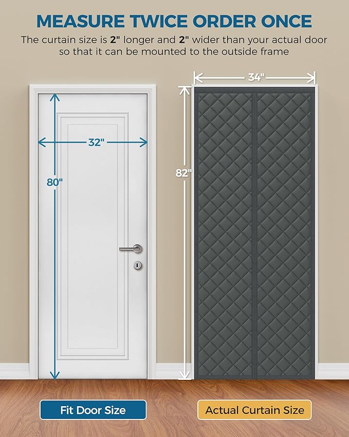 Magnetic Thermal Insulated Door Curtain Fits Door Size 32 x 80 Inch, Insulation Cover for Cold, Oxford Cloth Thicken Cotton Filled Blanket for Front Back Attic Door in Winter, Grey