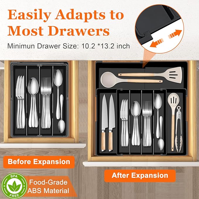 Large Kitchen Silverware Organizer - Expandable 17.2" x 17.9" Adjustable Drawer Tray, 4-7 Compartments for Maximum Storage, BPA-Free, Black