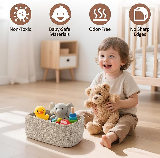 5-Pack Small Woven Rope Storage Baskets – 2 Sizes Organizer Bins for Closet, Shelf, Bookshelf, Nursery, Changing Table, Fabric Cube Boxes, Rectangular Shallow Bins for Bathroom, Toy & Home