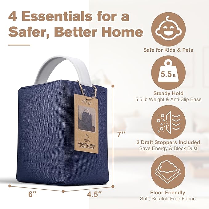Decorative Weighted Door Stopper 5.5 lb – Heavy Non-Slip Door Weight with Handle, Soft Fabric Door Stop for Kids, Pets, Includes 2 Door Draft Stoppers for Indoor Home & Office, Navy Blue