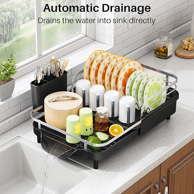 SAYZH Dish Drying Rack - Expandable Dish Rack for Kitchen Counter, Rust-Resistant Dish Drainer with Utensil Holder and Raised Guardrail, Kitchen Organizer for Cup and Bottle (Black)