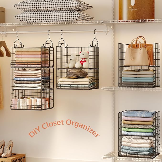 5 Tier Closet Hanging Organizer and Storage Separable Hanging Closet Shelves with 4 Hooks 2 Adjustable Dividers, Wire Storage Basket Bins for Clothing Sweaters Socks Dolls Handbags, Foldable