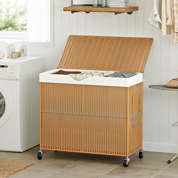 WOWLIVE Laundry Hamper with Wheels, 160L Handwoven Rolling Laundry Basket 3 Section with Lid, Clothes Hamper with Removable Liner Bags, Large Capacity Laundry Sorter Laundry Room Organization, Natural
