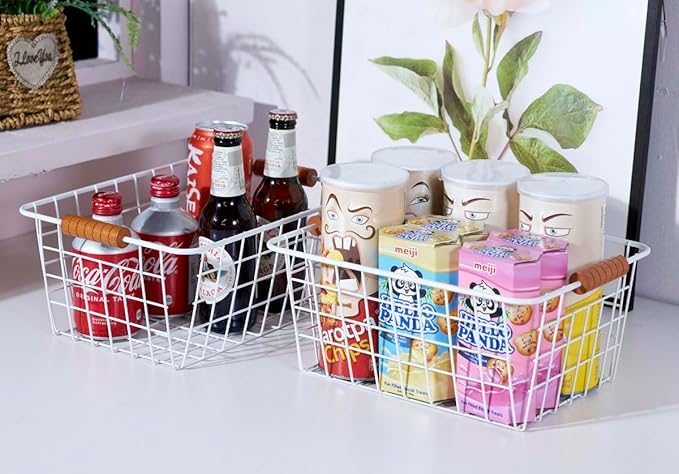 Wire Kitchen Storage Basket 2 Packs,Perfect Pantry Organization Accessories Baskets,Laundry Basket,With a Wooden Handle,Suitable for Kitchen,Bathroom,Bedroom,Tabletop,Stackable,White