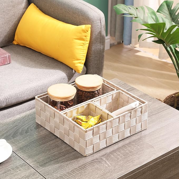 Storage Bins Woven Organizer Set of 4 – Polypropylene Storage Baskets with Metal Frame, Stackable Fabric Boxes for Drawers, Closet, Shelf, Nursery and Office, Beige
