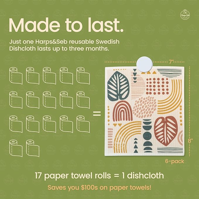 Harps&Seb Swedish Dishcloths for Kitchen Dishcloths - 6 Pack, Reusable Paper Towels with Clips, Super Absorbent Washable Non-Scratch Swedish Dish Towels, No Odor, Biodegradable