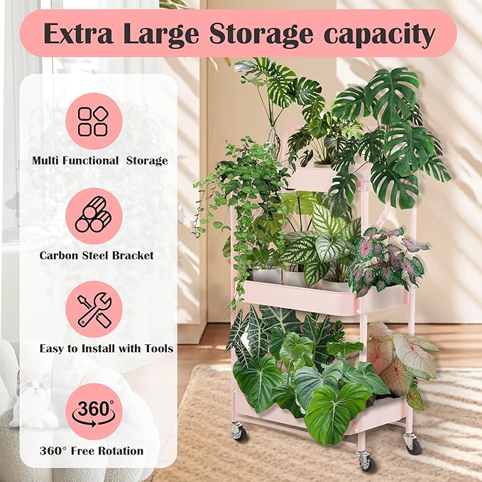 Pink Folding Storage Rack 3-Tier Mesh Storage Shelf Portable Closet Shelving Unit with 360°Removable Wheels for Kitchen/Living Room/Bathroom/Laundry Room/Pantry/Garage/(Max Load Capacity 200 lb)