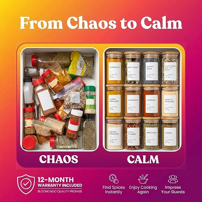 Empty Spice Jars with Label Pack (12x Bamboo Lid Glass Jar). Small 6oz Spice Storage Bottles with 112 Printed Stickers and 48 Writable Pantry Labels for Seasoning Containers