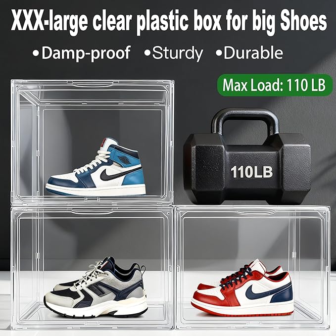 5 Pack XXX-Large Super Large Acrylic Display Case Figures Collectibles Helmet Showcase Boot & Shoe Boxes Clear Stackable Plastic Storage Bins Organizer with Magnetic Lid, 5 Pack with 2 Shoe Bags