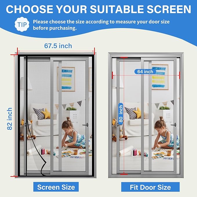 Magnetic Screen Door Left Right Side Opening Upgraded PET Mesh Greater Than Fiberglass and Polyester,Keep Bugs Out,Pet & Kid Friendly,Suitable for Sliding Doors,Patio French Doors-64" X 80"