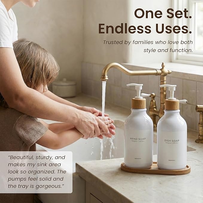 MaisoNovo Soap Dispenser Bathroom Set of 2-16.9 oz Bathroom Soap Dispenser Set - White Plastic Bottles x 2 with White Bamboo Pumps & Tray