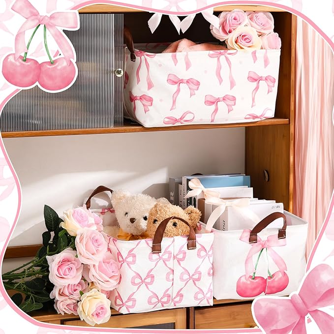 Boao 3 Pcs Coquette Pink Bow Storage Bin Collapsible Large Storage Baskets for Gifts Empty Candy Holiday Decor Canvas Laundry Basket Foldable Box with Handle for Office Home Bedroom Clothes