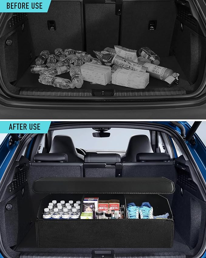 Car Organizers for Trunk for Suv Sedan, Leather Storage Box,Extra Large,Magnetic Lid,Collapsible and Adjustable, S004, Black