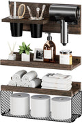 Puricon Floating Bathroom Shelves with Hair Dryer Holder, 3-Tier Rustic Wood Wall Mounted Organizers Set, Space Saving Over-Toilet Storage and Home Decor Hanging Rack -Dark Brown