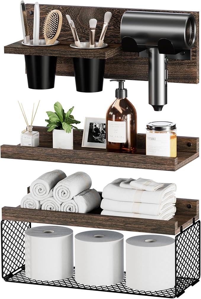 Puricon Floating Bathroom Shelves with Hair Dryer Holder, 3-Tier Rustic Wood Wall Mounted Organizers Set, Space Saving Over-Toilet Storage and Home Decor Hanging Rack -Dark Brown