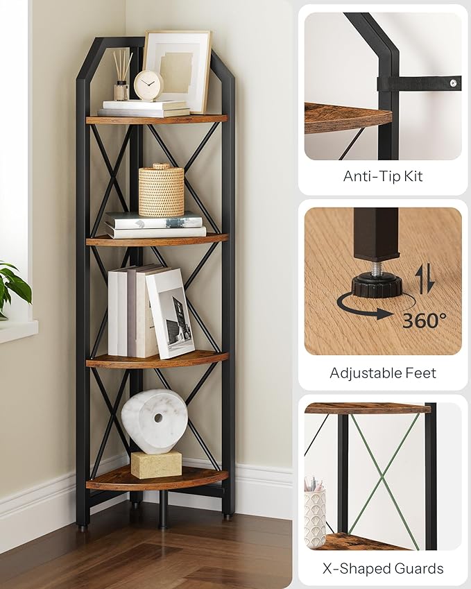 4-Tier Rustic Brown and Black Corner Shelf, 4-Shelf Industrial Corner Bookshelf, Space-Saving Corner Storage Stand, Plant Stand Display Shelf, Bedroom, Living Room, Home Office