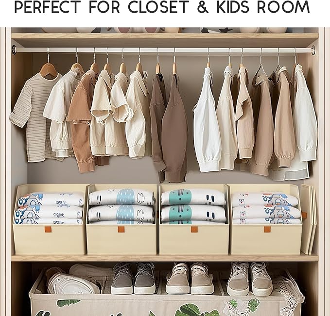 Fabric Closet Storage Cubes - 8 Pack Square Storage Bins with Dual Handles for Clothes, Towels, Toys, Cube Storage Organizers for Bedroom, Nursery, Shelves, Closet, Small Spaces, Beige
