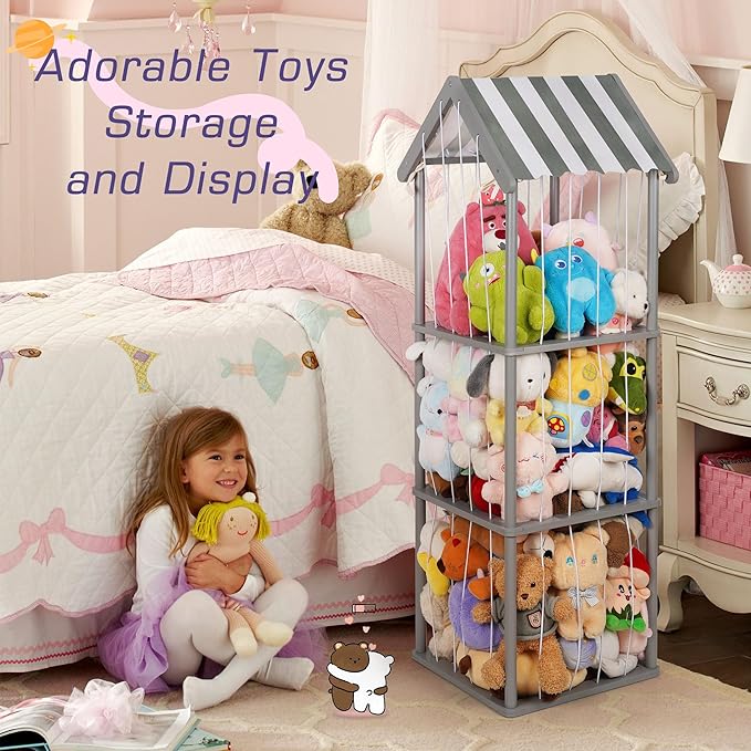 Stuffed Animal Storage, Space Saving Vertical Stuffed Animal Holder Wood, Easy Assembly Cottage-Style Plush Toys Organizer for Bedroom & Playroom (Gray, Large)