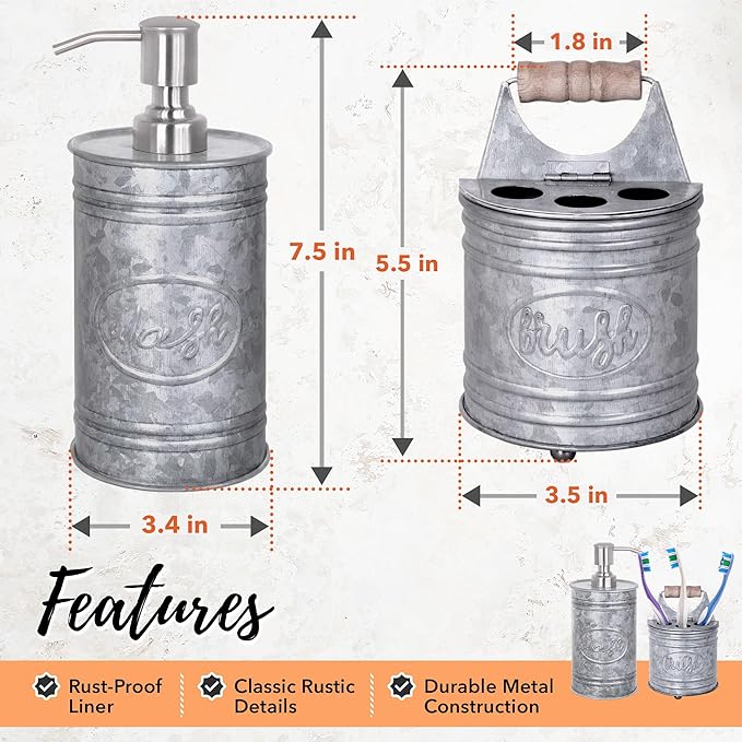 Autumn Alley Rustic Bathroom Accessories Set - Farmhouse Bathroom Soap Dispenser and Toothbrush Holder Set - Western Bathroom Accessories, Farmhouse Decor for Bathroom Countertop, Galvanized Grey