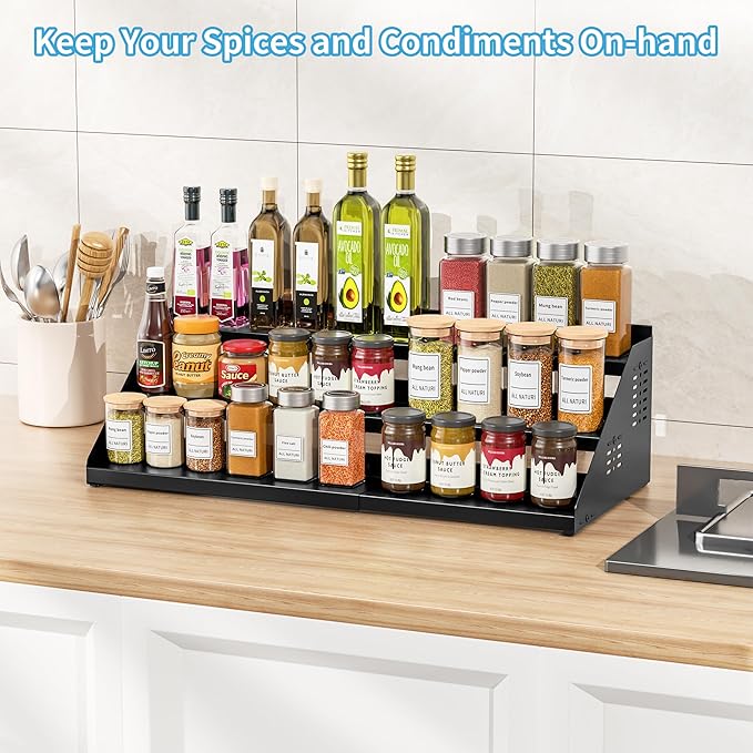Spice Organizer, Spice Rack for Expandable 3-Tier, Spice Organization for Cabinet Expandable Width and Adjustable Height, Seasoning Organizer for Cabinet, Countertop, Pantry, Black