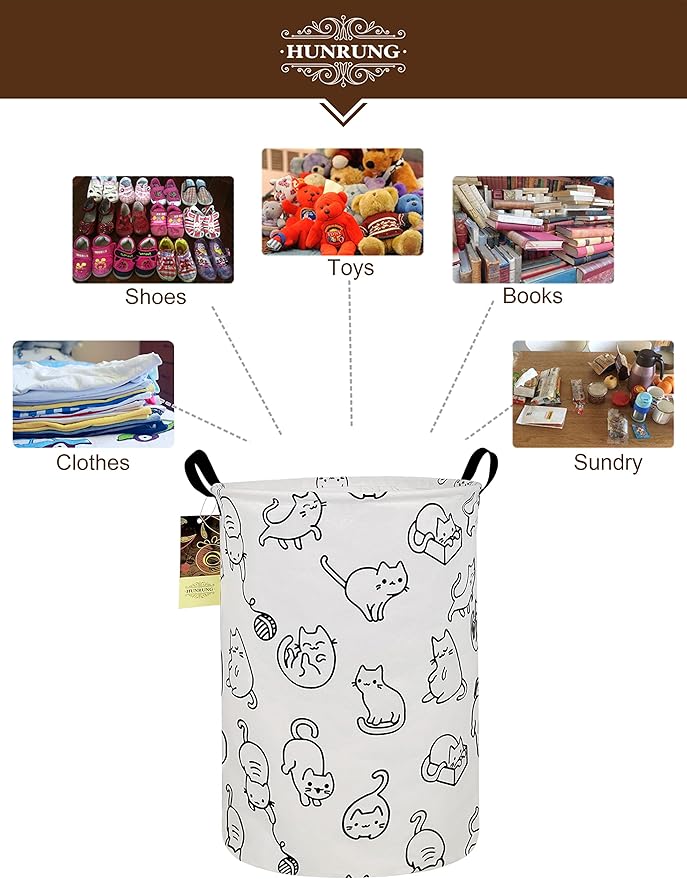 HUNRUNG Laundry Hamper,Large Canvas Fabric Lightweight Storage Basket Toy Organizer Dirty Clothes Collapsible Waterproof for College Dorms, Children Bedroom,Bathroom（Round cat）