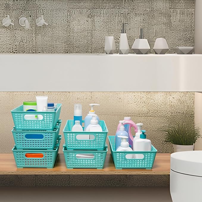 Tiawudi Stackable Woven Plastic Basket, Storage Bins for Cabinet, Closet, Shelf, Under Sink and Countertop, Pantry Organizer Bins, 6 Pack