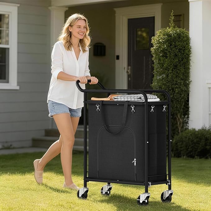 Laundry Basket with Wheels,114L Large Rolling Laundry Hamper, Heavy-Duty Laundry Cart Sturdy Metal Frame with Handle, Minimizes Bending Easy Access Clothing for Bedroom, Bathroom, Laundry Room (Black)
