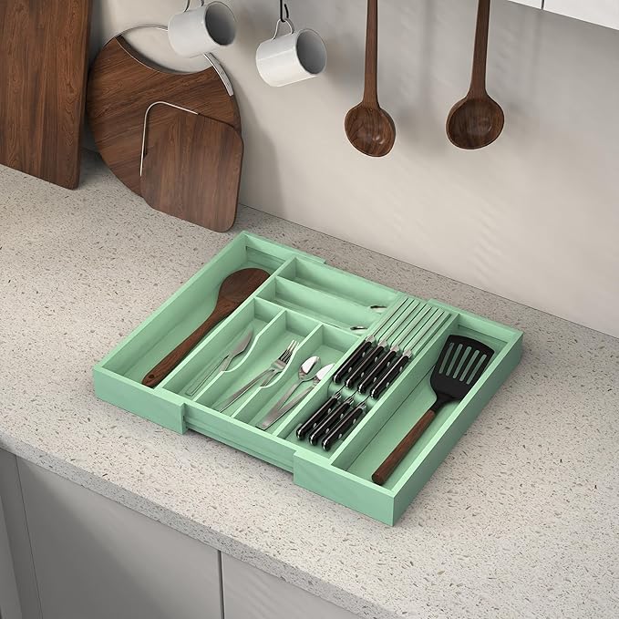 Bamboo Kitchen Drawer Organizer, Expandable Silverware Organizer with Removable Knife Block, 6-8 Slots- Utensil Holder & Cutlery Tray Drawer Dividers, 2.36" Deep for Extra Capacity, Cyan