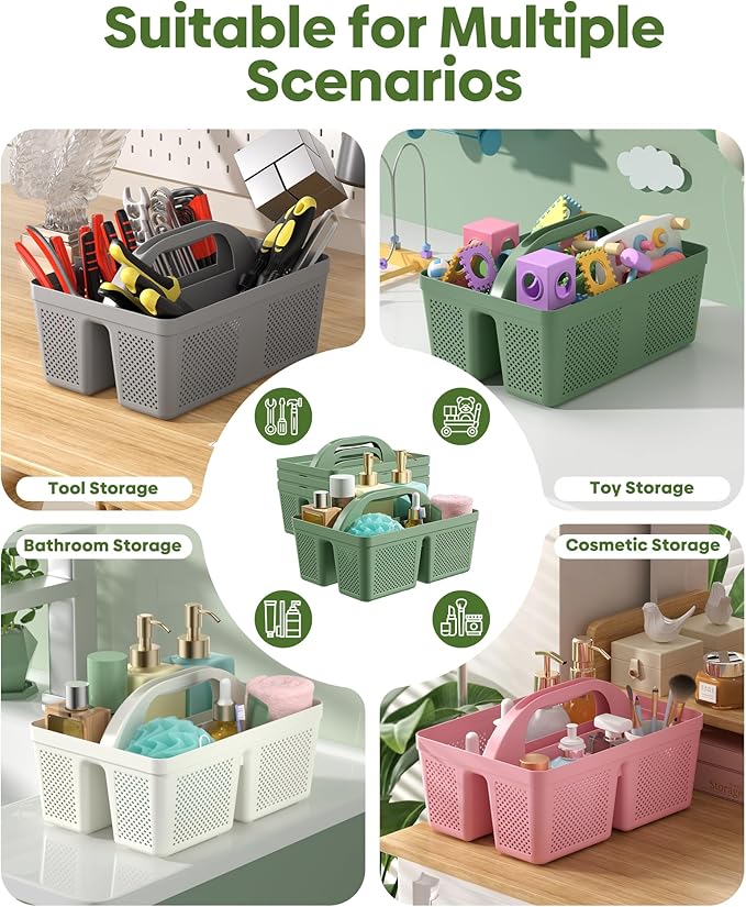 MLIKLU 4 Pack Portable Shower Caddy, Integrated Handle, Reinforced Plastic, Quick-Dry Ventilation Holes, Multi-purpose Storage Basket for Home, Dorm and Bathroom, Kitchen, Under Sink Storage, Green