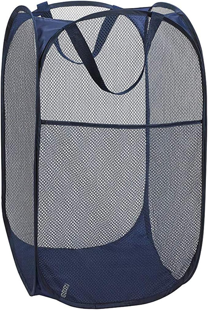 Larpur Popup Mesh Laundry Basket, Collapsible Clothes Washing Laundry Hamper with Reinforced Carry Handles, Portable Foldable Dirty Clothes Hamper for Home Dorm Cruise Travel (Blue)