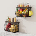 2 Pack Hanging Wall Fruit Basket for Kitchen Counter, Stackable Wire Basket for Fruit, Vegetable, Potato and Onion Storage, Wall-Mounted Fruit Holder with Wood Lid, Banana Hooks & Metal Handles