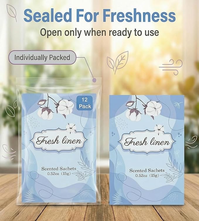 12 Packs Fresh Linen Hanging Scented Sachets for Drawers and Closets with Retractable Hook| Long-Lasting Closet Air Freshener & Closet Deodorizer | Closet Scent Freshener (Fresh Linen)