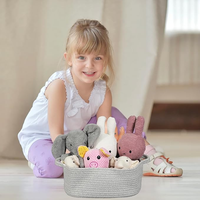 Woven Cotton Rope Storage Basket with Handles for Organizing Shelves Closet Small Cat Dog Pet Toy Baskets Box Bin Decorative Rectangle Baby Nursery basket Gift basket Empty(light grey)