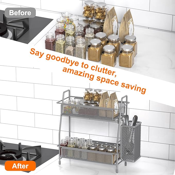 LEMIKKLE Spice Rack Organizer for Kitchen Counter, Spices Organizer and Storage Seasoning Organizer for Cabinet, Kitchen Metal Countertop Organizer with Side Basket (Grey)
