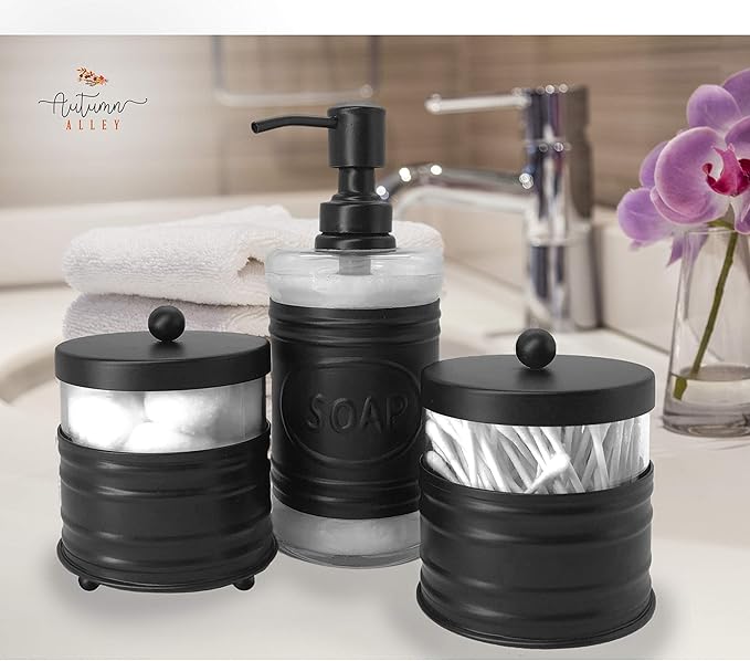 Autumn Alley Adorable 3 Piece Modern Farmhouse Bathroom Accessory Set for Sink/Vanity - Matte Black Soap Dispenser, Cotton Ball Container with Lid, Qtip Organizer – Rustic Farmhouse Bathroom Decor